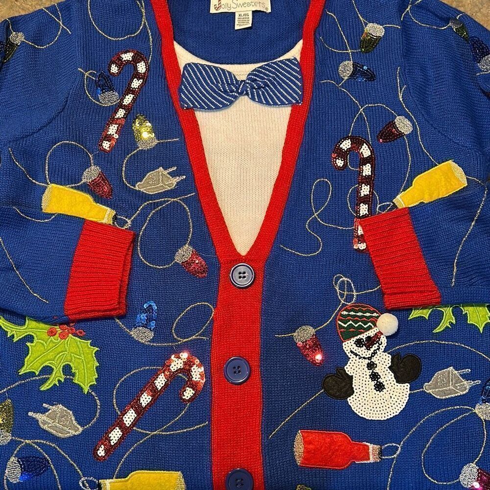Jolly Sweaters Ugly Christmas Sweater XL Men’s Woman’s Sequins Snowman Candy Can